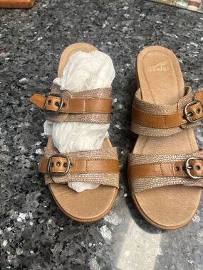 Dansko Brown Leather Double-Buckle Slide Sandals